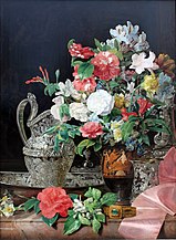 Still life with bouquet, silver vessels and antique vase (1840)