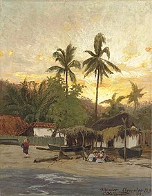 A view landward, of a beach, sunset in the distance. In the fading light, a few men and women wearing sombreros and scarves sit together by a thatch-roofed hut and two longboats which have been dragged up the beach. A woman in long skirts is walking away from the group, carrying a basket on her head toward a tiled-roof whitewashed house higher up the beach, behind a green slat fence. Palm trees and palmettos are silhouetted against the late sunset, the sky dotted with high yellow- and violet-tinged clouds.