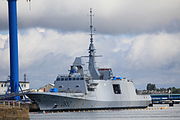 The French FREMM frigate Provence in Lorient harbour, with Héraklès radar visible above the bridge
