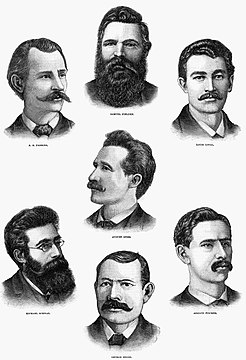 Engraving of the seven Haymarket Martyrs sentenced to death after the Haymarket Riot in Chicago, 1886