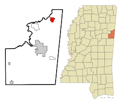 喀里多尼亚在朗兹县及密西西比州的位置（以红色标示）