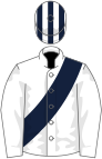 White, dark blue sash, striped cap