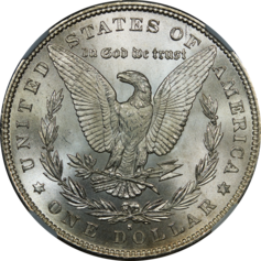 The reverse of the Morgan dollar (here, an 1879 issue is shown) presented the lower-cased "In God we trust"