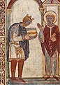 Image 1Frontispiece of Bede's Life of St Cuthbert, showing King Æthelstan presenting a copy of the book to the saint himself. c. 930 (from History of England)