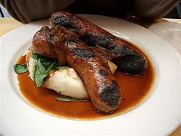 "Bangers and mash": sausages, from Roman times[53][54] and mashed potato (1588–1593)[55]