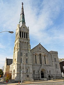 View of Bethel AME Church showing entrance and steeple