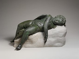 Statue of Eros sleeping; 3rd–2nd century BC; bronze; 41.9 × 35.6 × 85.2 cm, 124.7 kg, height with base: 45.7 cm; Metropolitan Museum of Art (New York City)