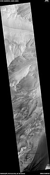 Wide view of part of Valles Marineris, as seen by HiRISE under HiWish program. Box shows location of recurrent slope lineae that are enlarged in next image.