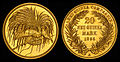 Image 21 German New Guinea Design credit: German New Guinea Company; photographed by the National Numismatic Collection German New Guinea was a German colonial protectorate established in 1884 in the northeastern part of the island of New Guinea and several nearby island groups. The German New Guinea Company was founded in Berlin by Adolph von Hansemann and a syndicate of German bankers for the purpose of colonizing and exploiting the protectorate's resources. This gold coin, worth 20 New Guinean marks, was issued by the German New Guinea Company in 1895, and is now part of the National Numismatic Collection at the Smithsonian Institution.