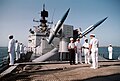 Blue training missiles on the rails of a MK-10 GMLS on USS Josephus Daniels