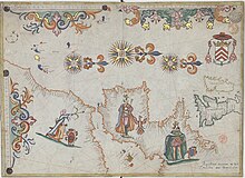 A map of western Europe and North Africa showing three figures. An archer points a bow at Philip IV of Spain as Louis XIII looks on.