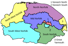 Map of parliamentary constituencies in Norfolk 1997–2010