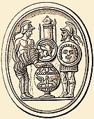 Three men stand around an urn; one reaches in to draw a lot. All wear a nineteenth-century approximation of fifth-century BCE Greek armour.