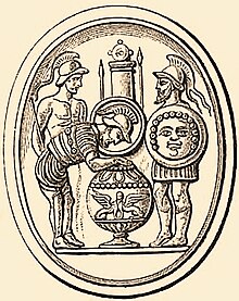 Three men, in armour, stand around a large urn: one stoops to draw a lot from the urn.