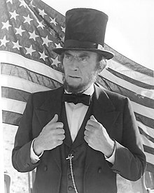A black and white photograph of Peck as Abraham Lincoln in The Blue and the Gray.