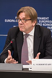 Guy Verhofstadt (ALDE, Member of the European Parliament) during a press conference in the European Parliament, Strasbourg