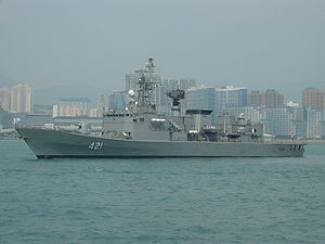 Thai Navy frigate HTMS Naresuan moored in Victoria Harbour, Hong Kong, China.