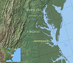 詹姆斯敦在弗吉尼亚东海岸的位置