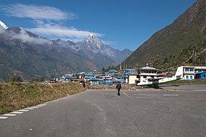 Looking across the township of Lukla, with the air strip of Lukla Airport in the foreground