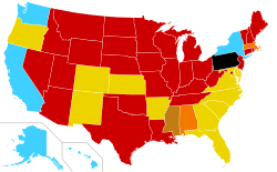 On request: AK, HI, NY, WA; danger to woman's health, rape or incest, or likely damaged fetus: AR, CA, CO, DE, FL, GA, KS, MD, NC, NM, OR, SC, VA; danger to woman's health: AL, MA; rape: MS; illegal: AZ, CT, IA, ID, IL, IN, KY, LA, ME, MI, MN, MO, MT, ND, NE, NH, NJ, NV, OH, OK, PA, RI, SD, TN, TX, UT, VT, WI, WV, WY