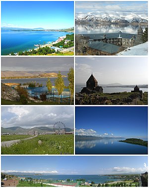 From top left: Sevan landscape • Vaskenian Theological Academy Sevan peninsula • Sevan Monastery Sevan skyline • Lake Sevan Panoramic view of Sevan beach