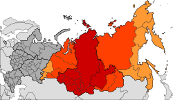 黃色為臨時全俄政府實際控制領土，包括鄂木斯克和海參崴的西伯利亞地區