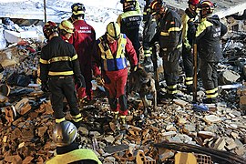 Search and rescue team from Italy working on a collapsed building