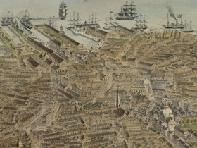 Overview of wharves, 1870 (India Wharf 3rd from left)