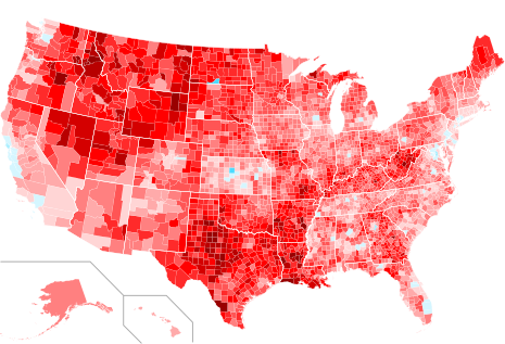 Change in vote margins at the county level from the 1996 election to the 2000 election.