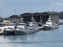 KDB Darulehsan (07) and KDB Darussalam (06) moored alongside their two sisters in port at Muara Naval Base.