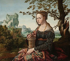 An oil painting of Mary Magdalene in a landscape