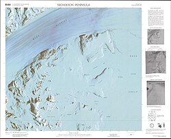 Satellite Image Map of Nicholson Peninsula and surroundings. Byrd Glacier to the northeast. Nicholson Peninsula center east.