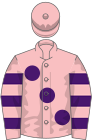 Pink, large purple spots, hooped sleeves, pink cap