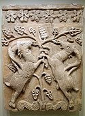 Iranian relief plaque with confronted ibexes; 5th or 6th century AD (the Sasanian period); stucco originally with polychrome painting; Cincinnati Art Museum (Cincinnati, US)