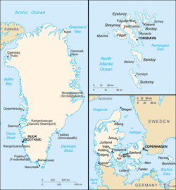 左上角順時針：格陵蘭島、法羅群島、丹麥