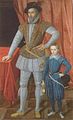 Sir Walter Raleigh wears his jerkin closed at the waist, 1602. His son wears a similar garment.