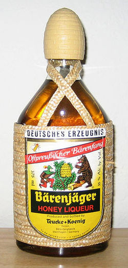 A bottle of Bärenjäger, a brand of Bärenfang produced in Germany and bottled at 35% ABV.