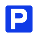 A standard UK transport "Parking" sign, adjusted for display at small sizes. A blue square with slightly rounded corners, with a large sans serif white letter "P" inside it