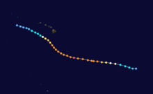 A track map of the west-northwestward path of a hurricane over the Eastern and Central Pacific Ocean