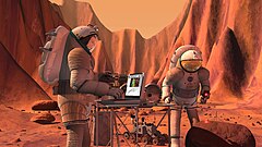 NASA concept of Mars-crew analyzing a sample (2004).[23]