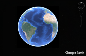 Google Earth 9.3 的截图。图片正中央有一个三维地球模型。左侧为工具栏，提供搜索等功能。图片底部附有著作权声明、当前经纬度等信息