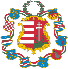 Arms of Transylvania (top right) marshaled into the coat of arms of the Hungarian State (1849)