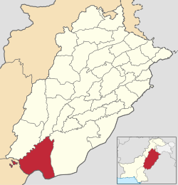 Map of Rahim Yar Khan district is highlighted in red