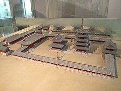 Model of the temple complex at the time of its construction, at Osaka Prefectural Chikatsu Asuka Museum.