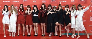 Iz*One at the 33rd Golden Disc Awards in 2019 (From left to right: Hyewon, Chaeyeon, Minju, Hitomi, Eunbi, Wonyoung, Sakura, Nako, Yuri, Chaewon, Yena, Yujin)