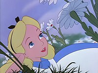 An animated image of a blonde girl lying in a field, wearing a blue-white dress.