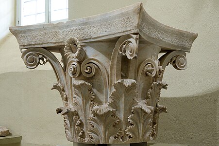 Ancient Greek volutes (called caulicoli) in the upper part of a Corinthian capital from the tholos at Epidaurus, Archaeological Museum of Epidaurus, Greece, said to have been designed by Polyclitus the Younger, c.350 BC[6]