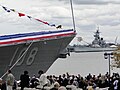 USS Wayne E. Meyer at her commissioning with the USS New Jersey in the background