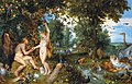 The Garden of Eden with the Fall of Man by Jan Brueghel the Elder and Pieter Paul Rubens, c. 1615, depicting both domestic and exotic wild animals such as tigers, parrots and ostriches co-existing in the garden