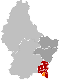 比尔默朗日在卢森堡地图上的位置，比尔默朗日为橙色，雷米希县为深红色